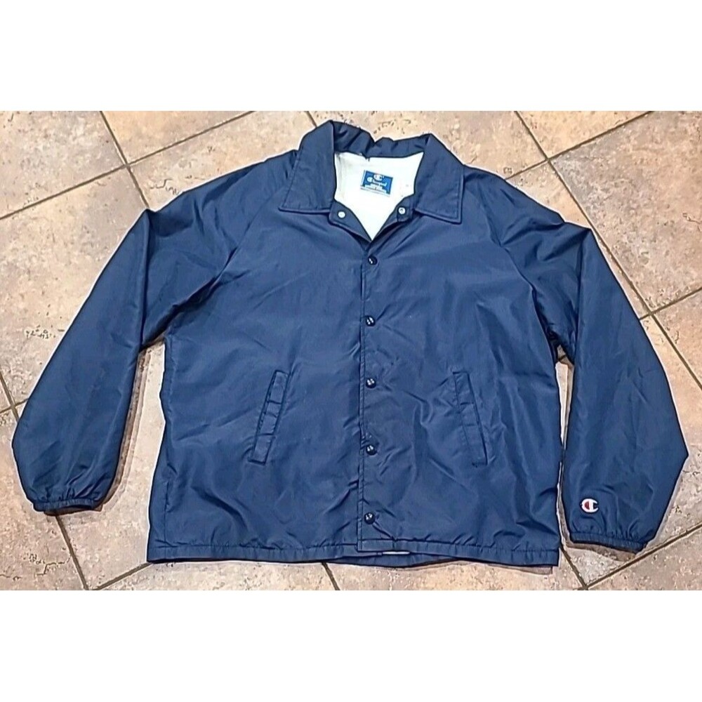 Vintage Champion Jacket Men XL Blue Solid Snap Button Screenprinted Logo Casual